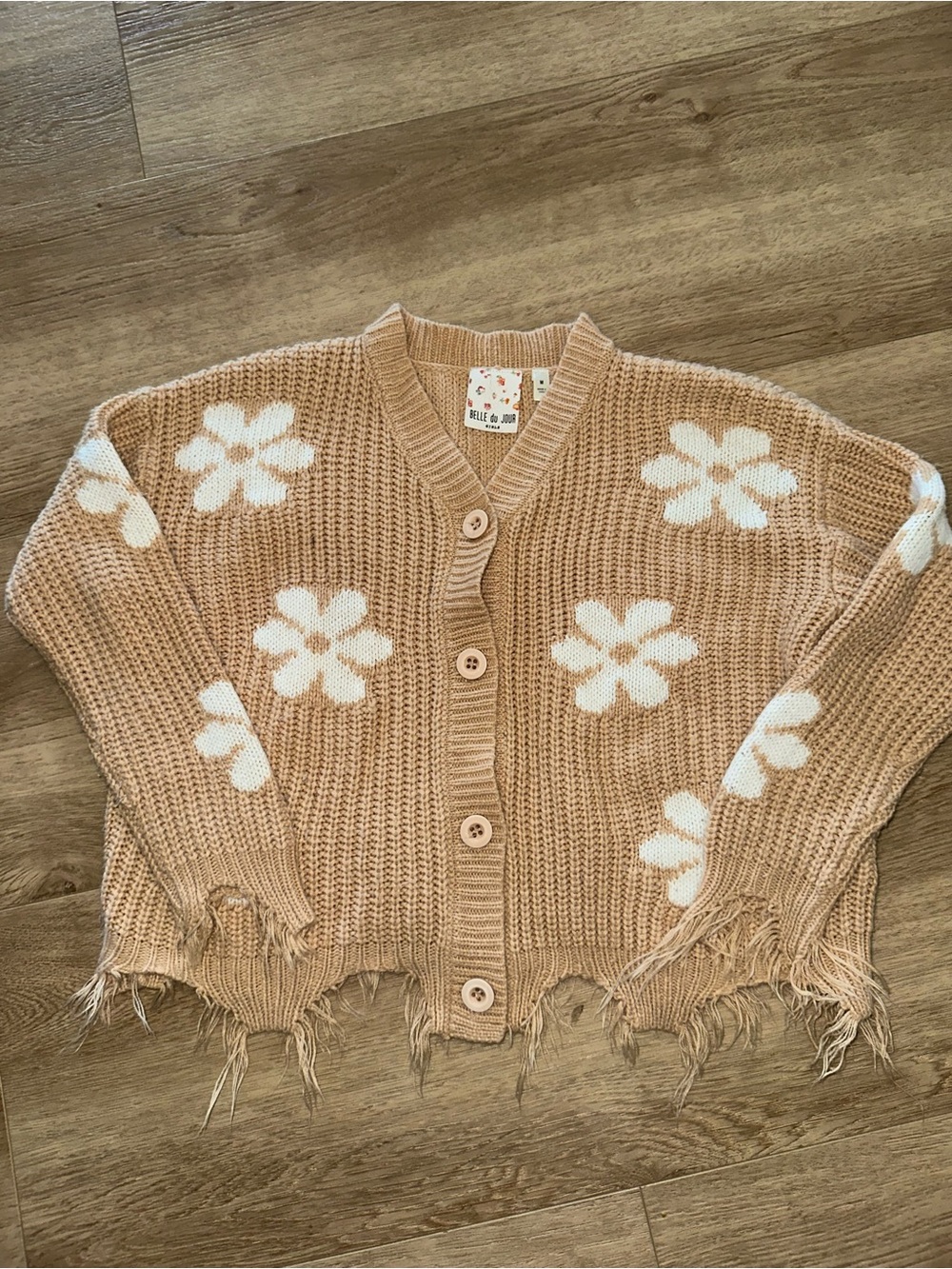 Belle Du Jour Beige Daisy Knit Cardigan with Distressed Hem